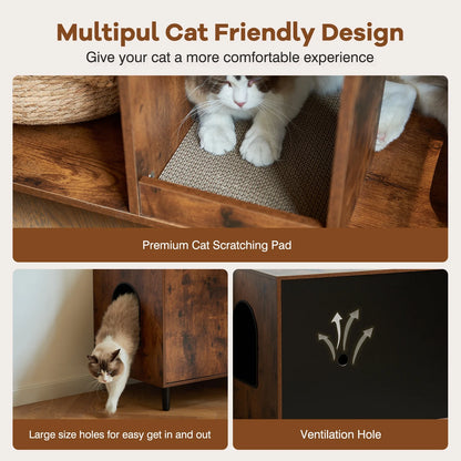 JanflyHome Litter Box Enclosure, MDF-Boards, Cat Litter Box Furniture with Scratching Board, Brown