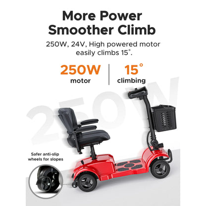ENGWE 4 Wheels Folding Mobility Scooter with Basket，Electric Powered Travel Wheelchair for Elderly，264lbs for Adult,Red