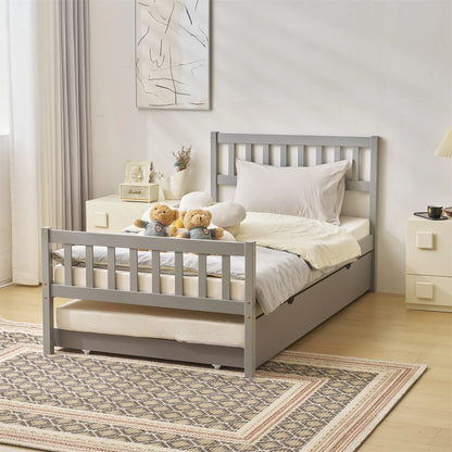 Zimtown Twin Bed with Trundle, Solid Wood Bed Frames with Headboard and Wooden Slats Support, Twin Trundle Bed Frame Roll Out, Gray