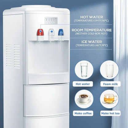 LHRIVER 5 Gallon Water Cooler Dispenser with Built-in Ice Maker, Top Loading Water Dispenser 3 in 1 Hot/Cold/Room Temperature, Child Lock, White