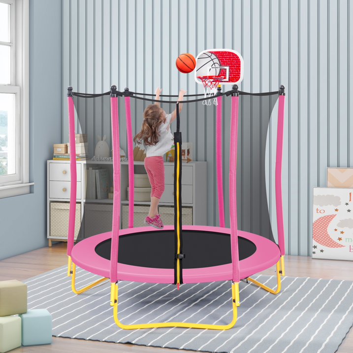 SHINPT 65  Outdoor  Indoor Mini Toddler Trampoline with Enclosure Net, Basketball Hoop and Ball Included, Entertainment Trampoline for Backyard, Patio