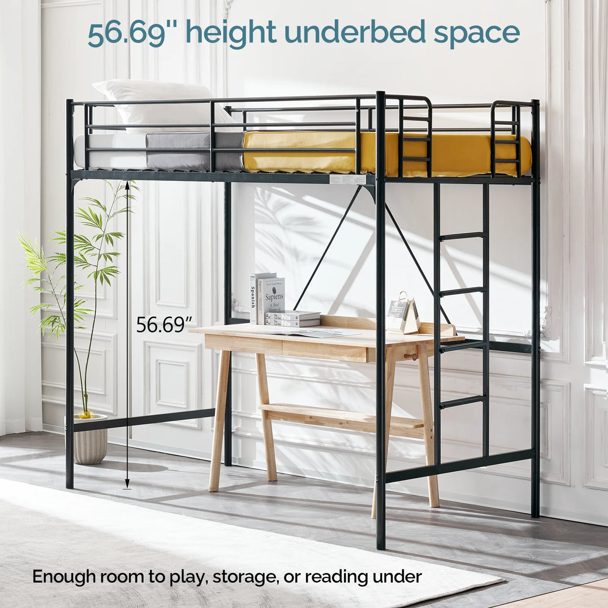 Zimtown Twin Loft Bed with Ladder Metal Bunk Bed with Flat Step Ladder for Kids Teens Adults, Black