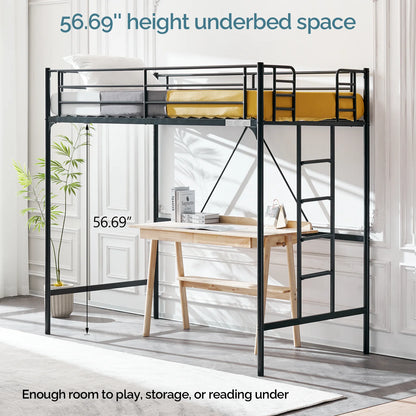 Zimtown Twin Loft Bed with Ladder Metal Bunk Bed with Flat Step Ladder for Kids Teens Adults, Black