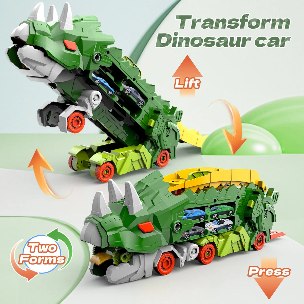 JoyStone Dinosaur Transport Truck Toy with 8 Metal Cars, 3-in-1 Dino Hauler with Sliding Race Tracks, Transforms into Triceratops, Gift for Kids Ages 3-7, Green