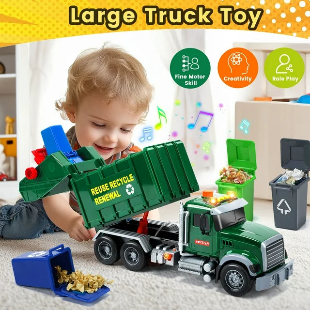 JoyStone Kids Garbage Truck Toy, Friction Powered Recycling Truck with Lights & Sounds, Lift & Rotating Trash Bin Function, 3 Trash Bins, Interactive Toy for 3-8 Years Old