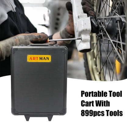 Tool Set - Seizeen 899 Pieces Professional Mechanics Hand Tool Set, Mobile Tool box on Wheels W/Ratchets&Socket, Screwdriver, Tongs, Black 4-layer Tool Case & Tool Kit COMB for Man Repairer Artisan