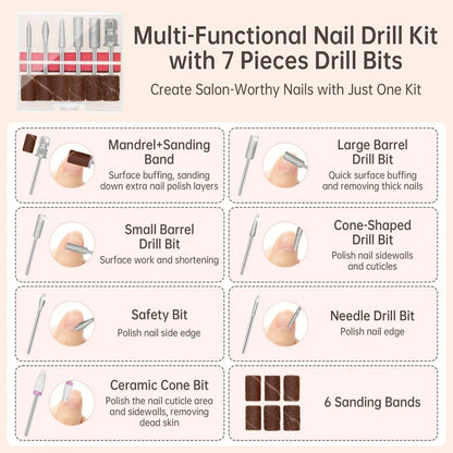 Sentryse Electric Nail Drill 40000RPM Professional Electric File Rechargeable Nail Drill Machine with LCD Display  Base  7 Bits for Salon Manicures