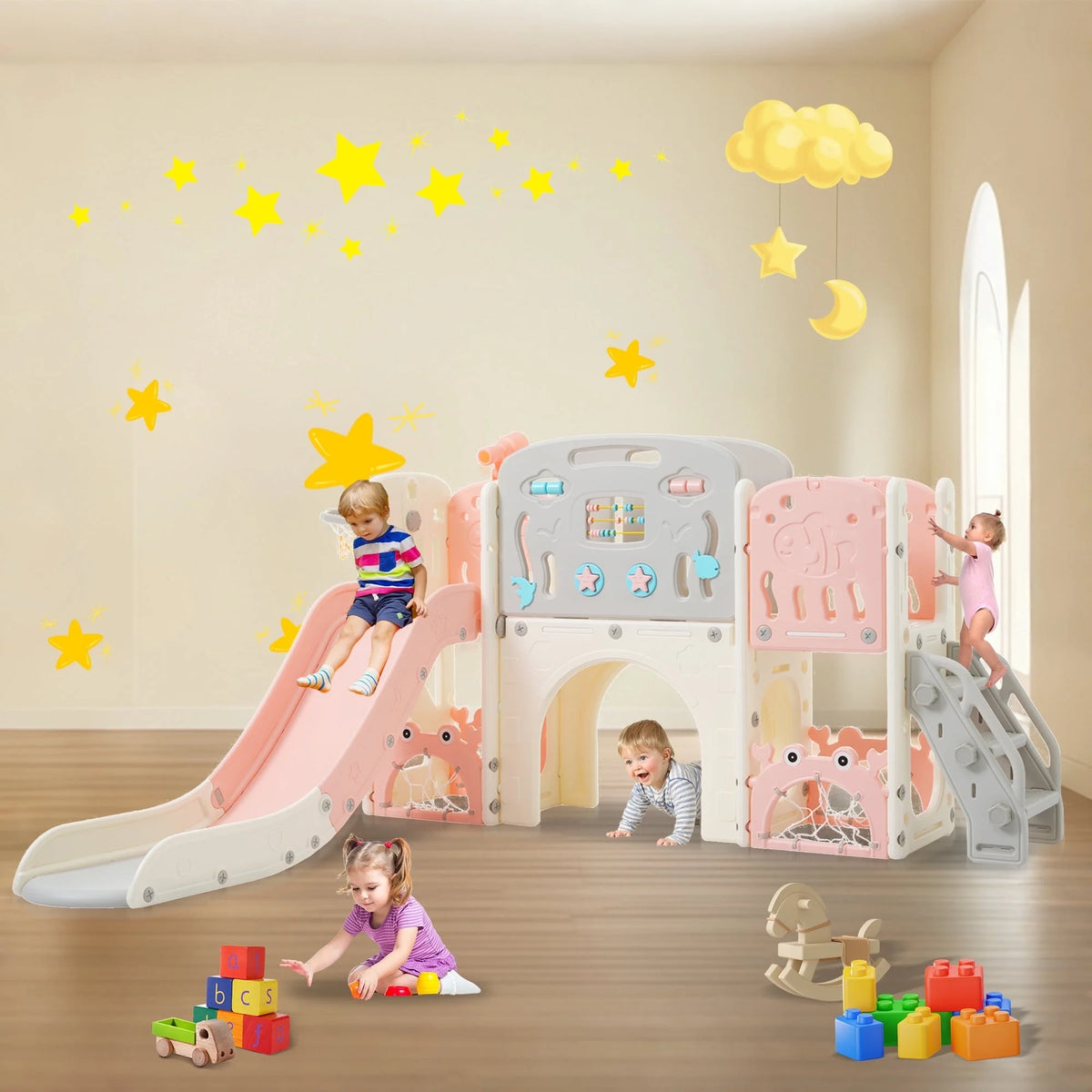 11 in 1 Toddler Slide, Kids Slide for Toddler Age 1-3 with Basketball Hoop, Kids Slide Playset Structure, Arch Tunnel and Telescope, Toy Storage Organizer for Toddlers, Kids Climbers Playground