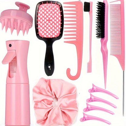 12pcs/Set Hair Styling Comb Set, Detangling Hair Brush For All Hair Types, Detangler Brush Teasing Hair Brush Rat Tail Comb Edge Brush, Silicone Scalp Massager Shampoo Brush For Shower-Pink