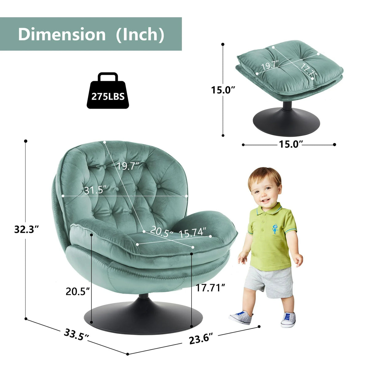 Othniel Teal Velvet Swivel Accent Chair with Ottoman, Round Reading Chair Foot Stool Set, for Living Room, Bedroom