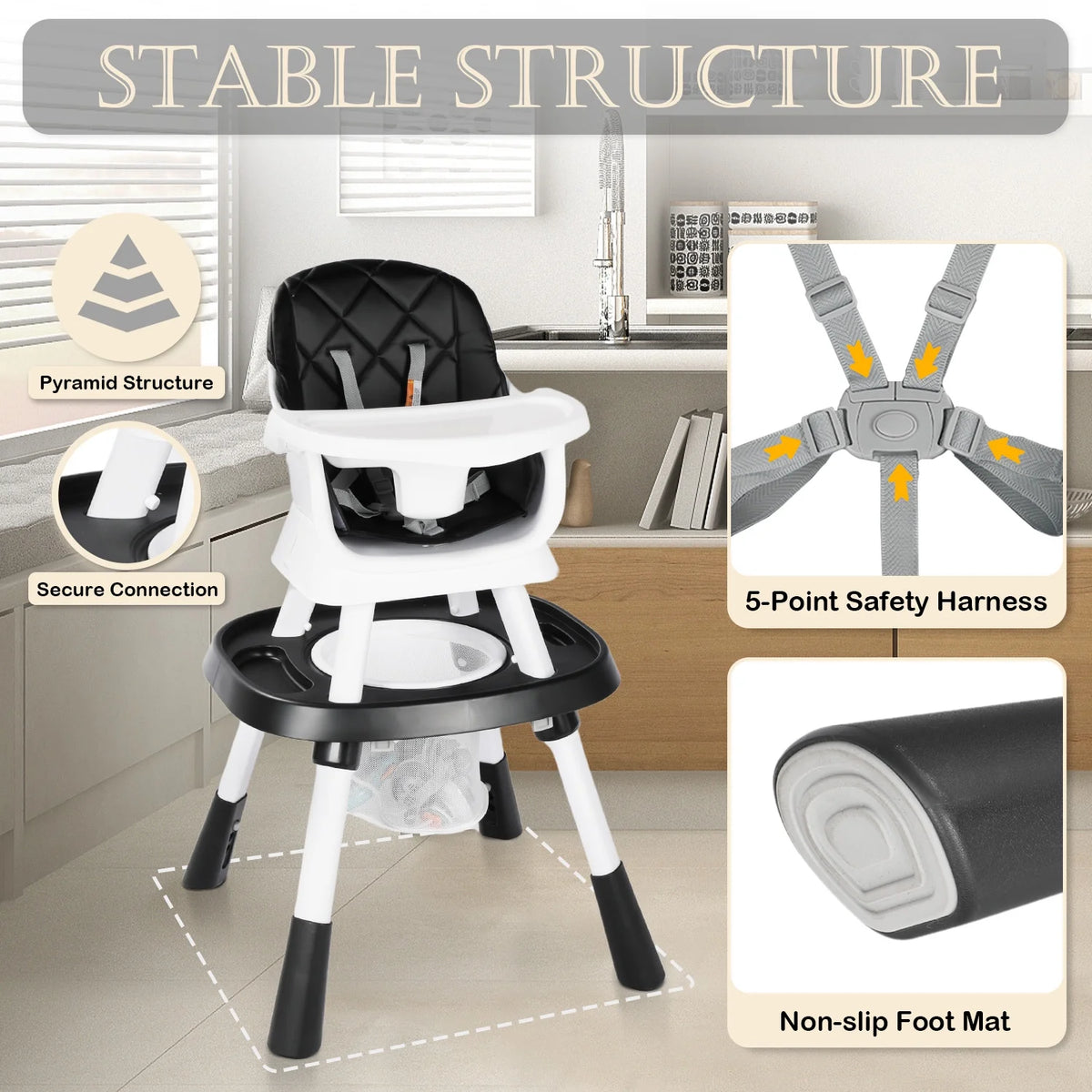 LINLUX 15 in 1 Baby High Chair, Toddler Booster Seat for Eat, Infant Dining Chair w/Stool, Black