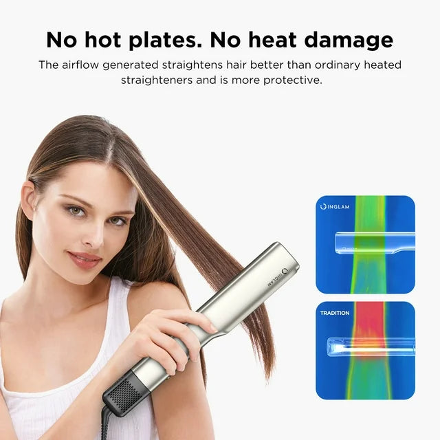 IG INGLAM Air Straightener - Advanced One-Step High-Speed Airflow Hair Straightener & Dryer with 110,000 RPM Brushless Motor, Airflow Flat Iron with 200 Million Negative Ions, Champagne Silver