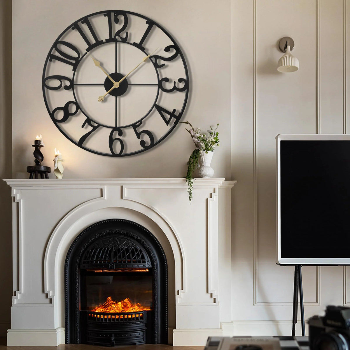 Arsvit Large Wall Clock, Silent Non-Ticking, Battery Operated 16-Inch Metal Clock, Oversized, Decorative Retro Clock for Farmhouse, Dinner and Living Room, Indoor, Outdoor(40cm, Black Arabic Number)