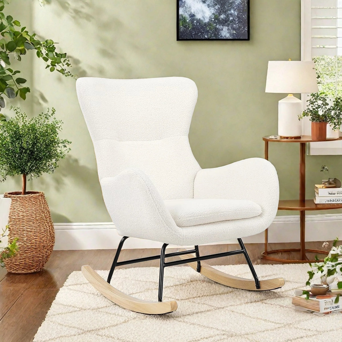 TrumanPick Nursery Rocking Chair Teddy Upholstered Glider Rocker Rocking Accent Chair with High Backrest Comfy Armchair for Living Room, White