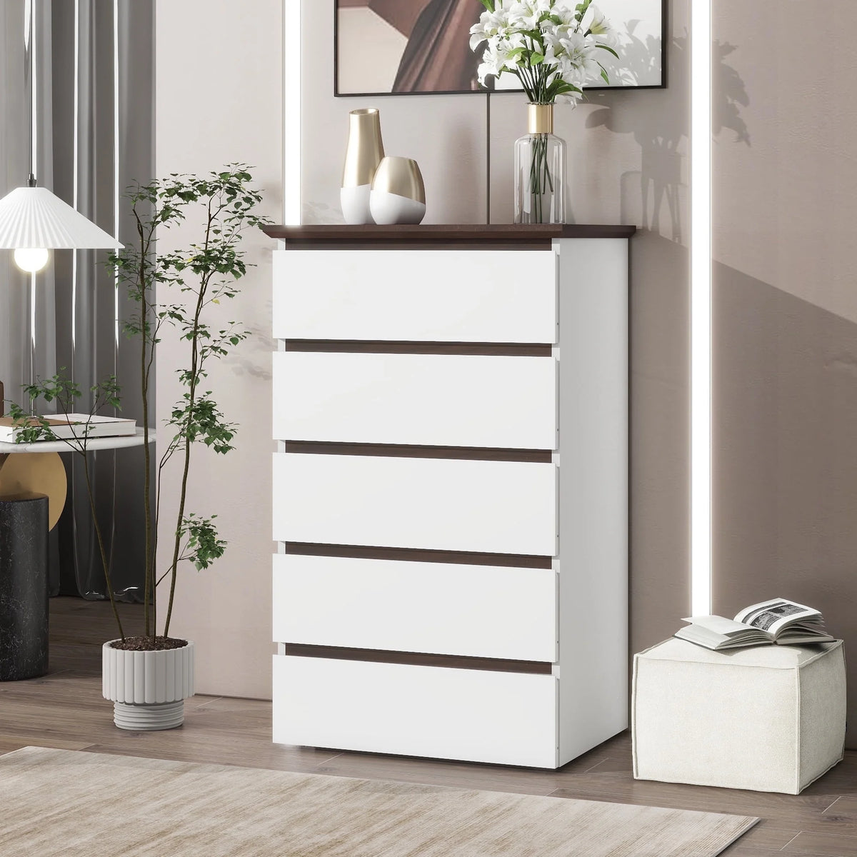 Prilinex 5 Drawer White Dressers for Bedroom Tall Wooden Chest of Drawers for Living Room Hallway 16"D x 24"W x 39"H
