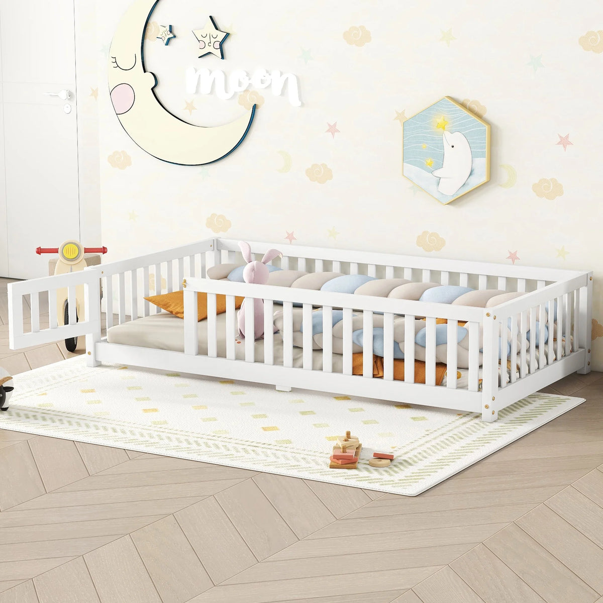 Segmart Wooden Twin Bed for Kids - Toddler Floor Bed Frame with Removable Guard Rails, Kids Bed for Ages 2-7 Years, Kid Bed for Girls and Boys, Standard Crib Size(Mattress Not Included), White