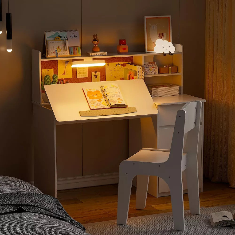 PAKASEPT 43" Kids Desk and Chair Set, Wooden Study Desk with Hutch, Storage Cabinet, LED lights, Tiltable Desktop, Writing Desk
