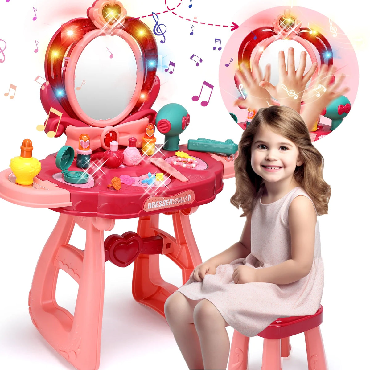 JoyStone Toddler Vanity Set, Pretend Princess Girls Vanity Table with Mirror, Cosmetics and Hair Dryer, Kids Vanity Table and Chair Set for 2 3 4 5 Year Old Girls (Pink）