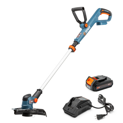 SENIX 20 Volt Max* 10-inch Cordless Grass String Trimmer, Rotating & Telescopic Shaft for Trimming and Edging, Adjustable Head (Battery & Charger Included) GTX2-M