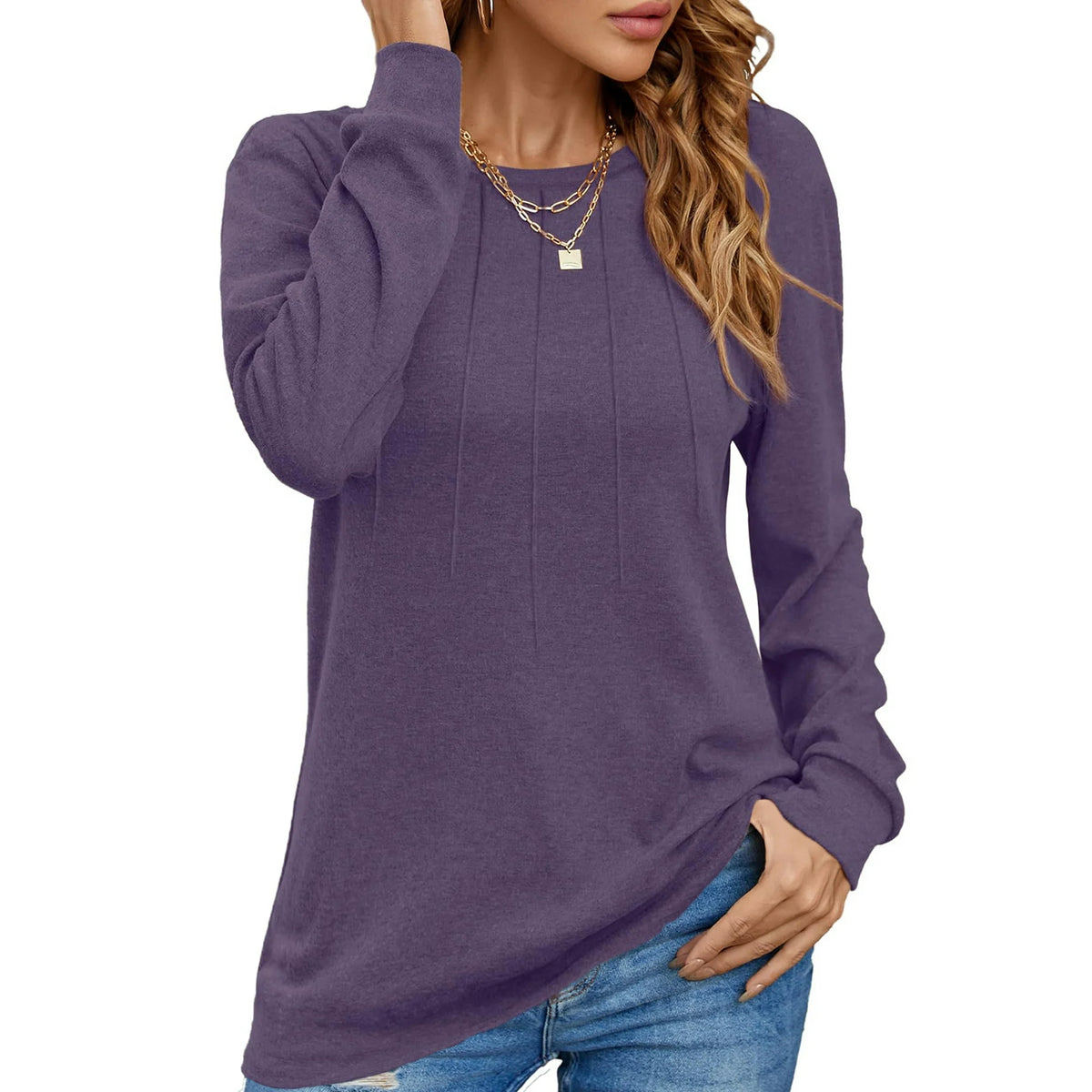 UVN Pleated Womens Blouses Crewneck Long Sleeve Shirts Casual Dressy Tunic Tops