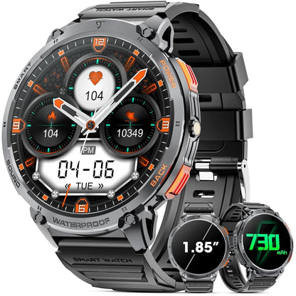 Mingdaln 2025 New 1.85 inch Military Outdoor Men's Smart Watch with Fitness Tracker, Answer/Dial/Multi-Sport Mode, Hiking Running Pedometer Fitness Watch (Black)