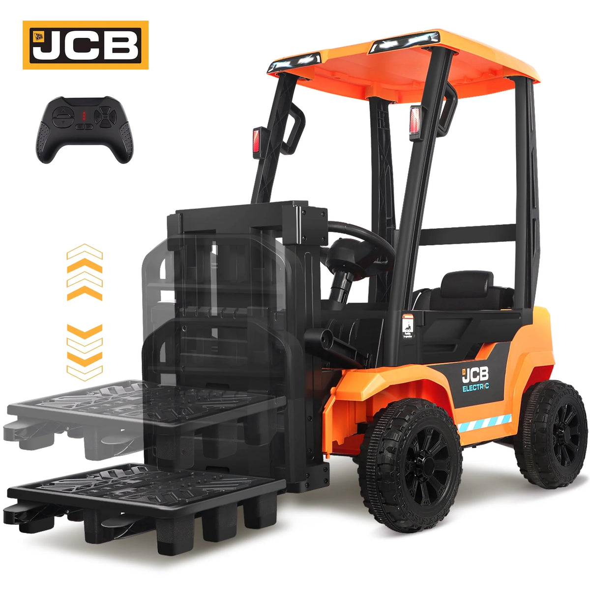 12V Powered Ride on Car Toy for Kids, JCB kids Ride on Forklift Toy with Lifting Pallet, Remote Control, Removable Car Roof, Joystick, 4 Wheels Electric Construction Car for Boy Girl 3-6 Years Old