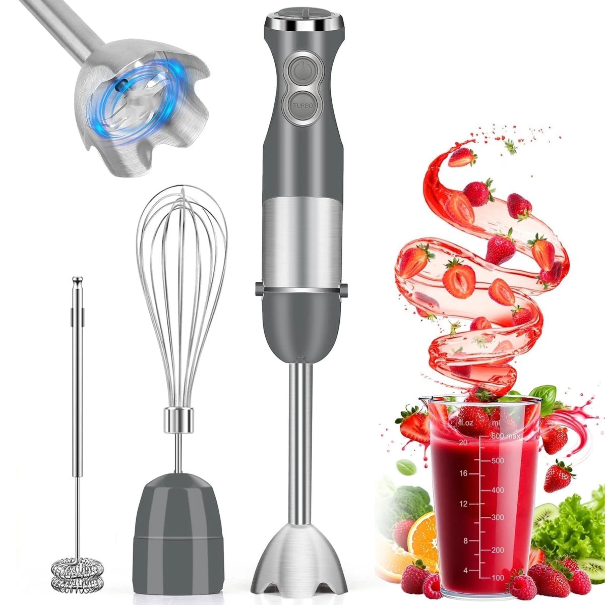 Immersion Blender Handheld, AOKIWO 3-in-1 Hand Blender 12 Speed Turbo Mode Stick Blender, Kitchen Stainless Steel Hand Blender with Chopper, Milk Frother, Whisk for Baby Food, Soup