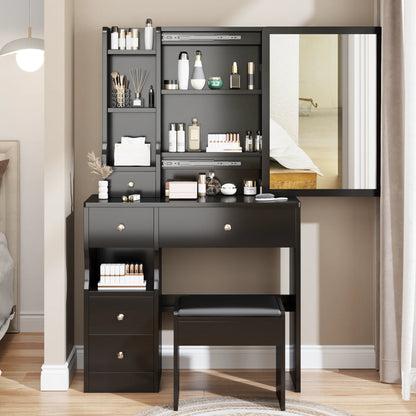 PORKISS Vanity Set with Sliding Mirror for Girls, Vanity Desk with Cushioned Stool and 4 Storage Drawers, Multi-Layer Shelves, Dressing Table for Small Bedroom, Black