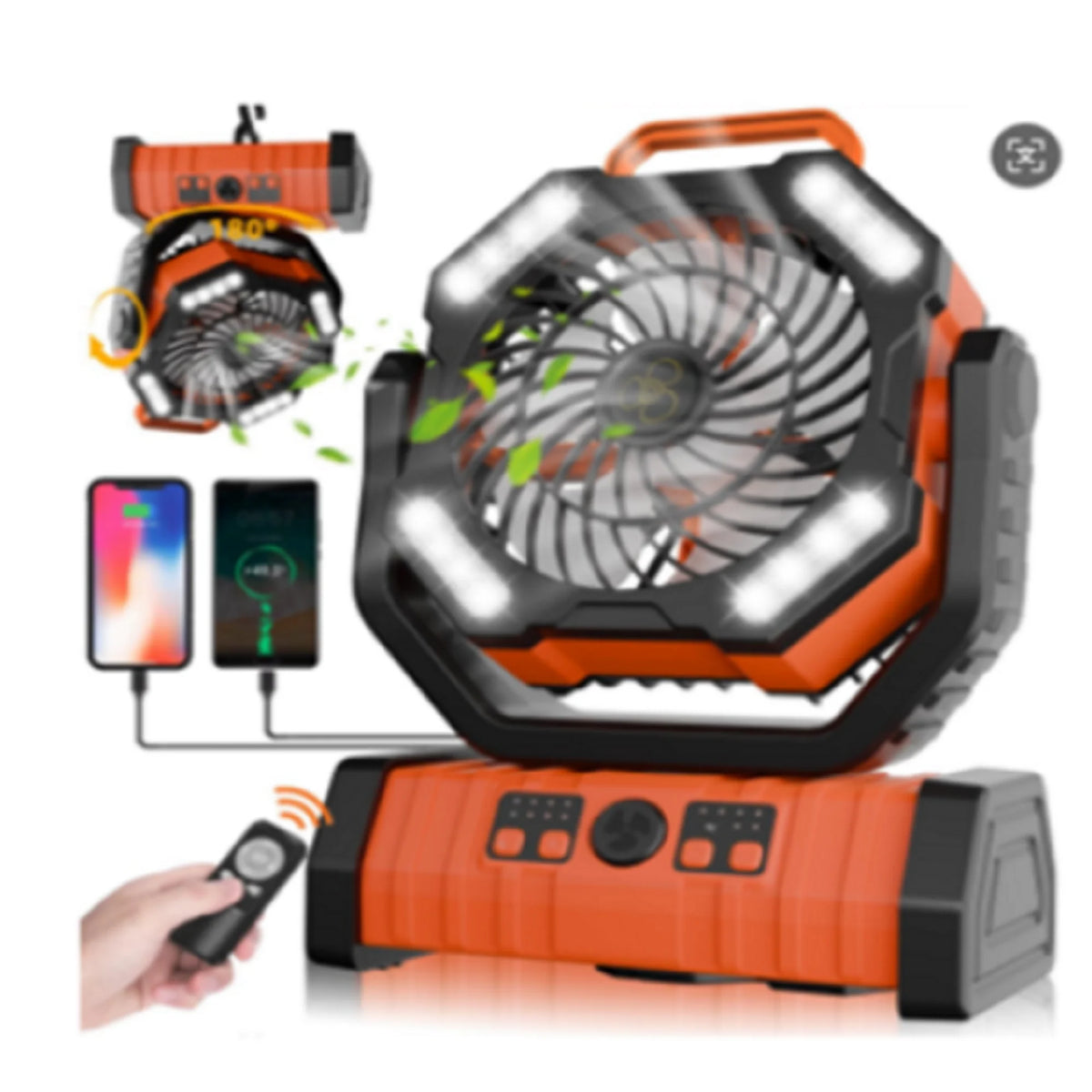 GVDV Camping Fan, Upgraded 30000mAh Portable Battery Operated Outdoor Fan with LED Lights  Remote Control, Personal Rechargeable Desk Fan for Travel, Hiking, Fishing, Picnic, Orange