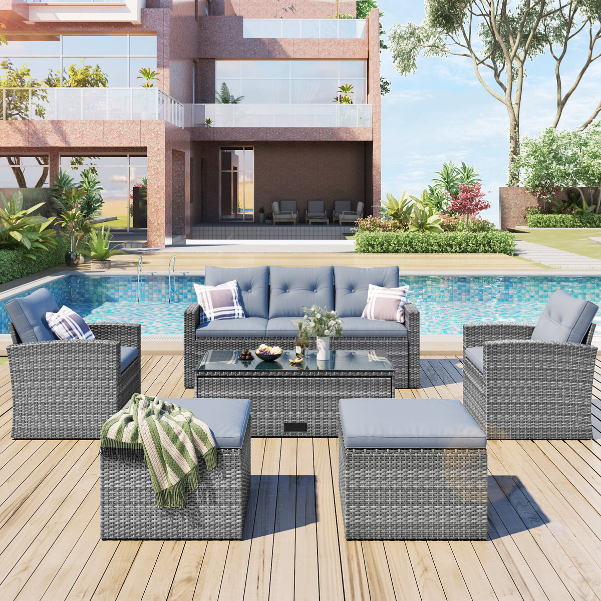 Outdoor Patio Furniture Sets for Backyard, Segmart New 6 Pieces Wicker Patio Furniture Set with Seat Cushions & Tempered Glass Coffee, Conversation Sets for Porch, Poolside, Backyard, Garden, Gray