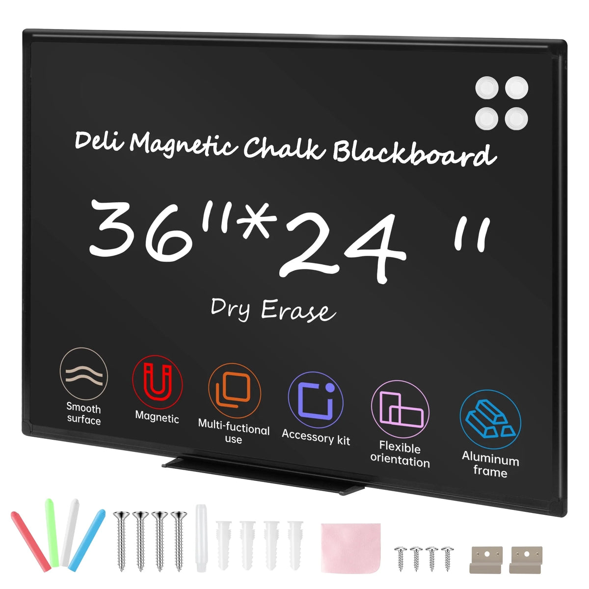 Deli Magnetic Blackboard Dry Erase Board, 36" x 24" Wall Mounted Black Board with Aluminium Frame for School and Home