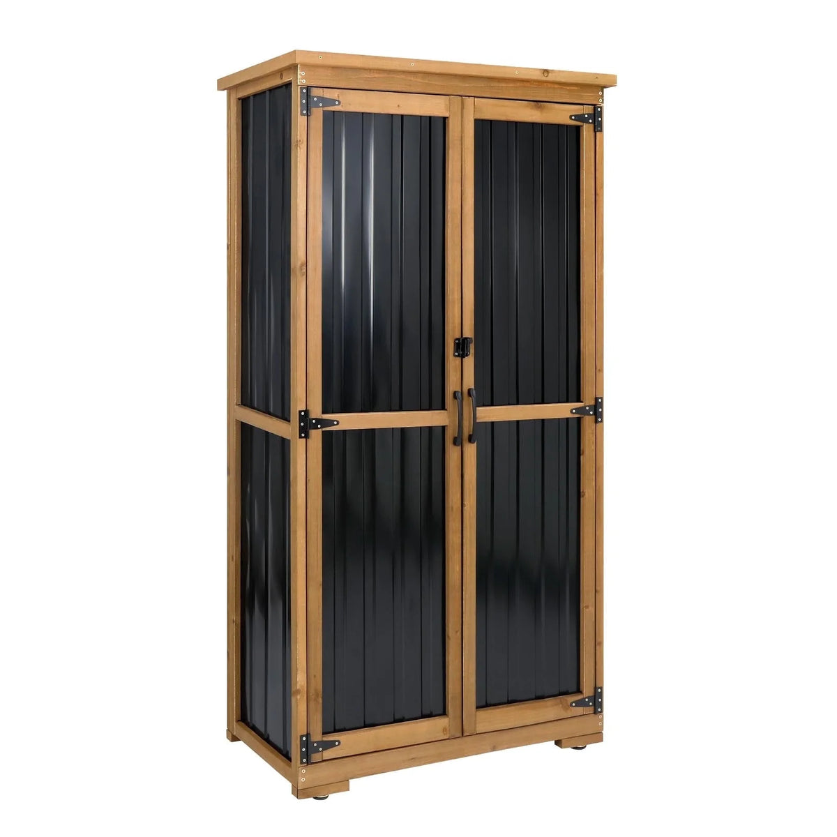 PETSCOSSET Outdoor Storage Cabinet Wood & Metal, Tall Tool Shed with Weatherproof, Double Lockable Doors, Removable 3 Shelves, Adjustable Feet for Patio, Garden, Backyard, Lawn