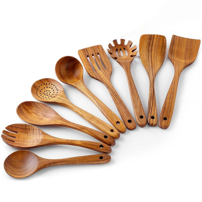 9-Piece Teak Wooden Utensils for Cooking - AOKIWO Smooth Finish Natural Teak Utensil Set - Non-Stick Wooden Spoons for Cooking - Kitchen Gift Set - Comfortable Grip Wooden Utensil Set