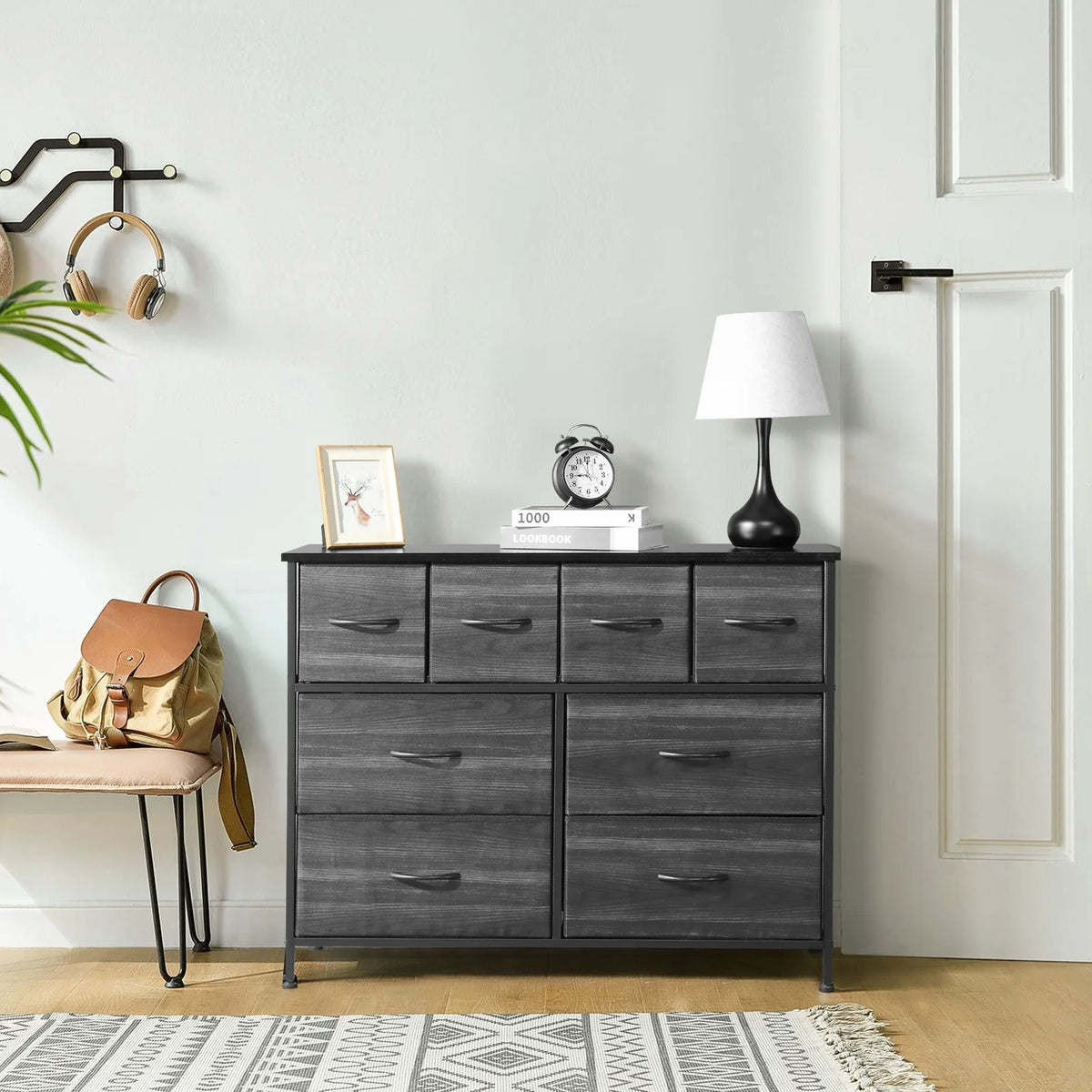 Sesslife 8 Drawer Dresser, Fabric Storage Drawers with Wood Top and Metal Frame, Modern Wide Chest of Drawers for Bedroom, Living Room, Closets, Black
