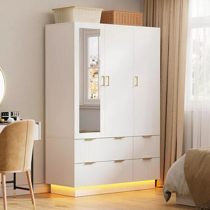 PAKASEPT 47"Wide White Armoire Wardrobe Closet with 3 Door, Mirror, LED Lights, Hanging Rod and 6 Drawers