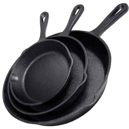 Cast Iron Skillet Set, AOKIWO 3-Piece Pre-Seasoned Pan Cookware Set, 10", 8", 6" Frying Pans with Handles, Heavy-Duty Cookware Set with Non-Stick Surface For Saute, Cooking, Pizza