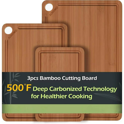 Bamboo Cutting Board, AOKIWO Durable Cooking Wood Cutting Boards for Kitchen with Deep Juice Grooves & Built-in Handles, Ideal Gifts Woden Boards for Meat, Vegetables and Fruits