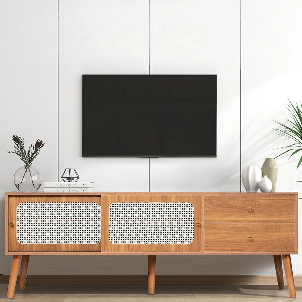 SESSLIFE Rattan TV Stand with Shelves & 2 Drawers, Rattan-inspired Media Console Table for TVs up to 70'',Entertainment Center, TV cabinet for Living room, Bedroom, Brown