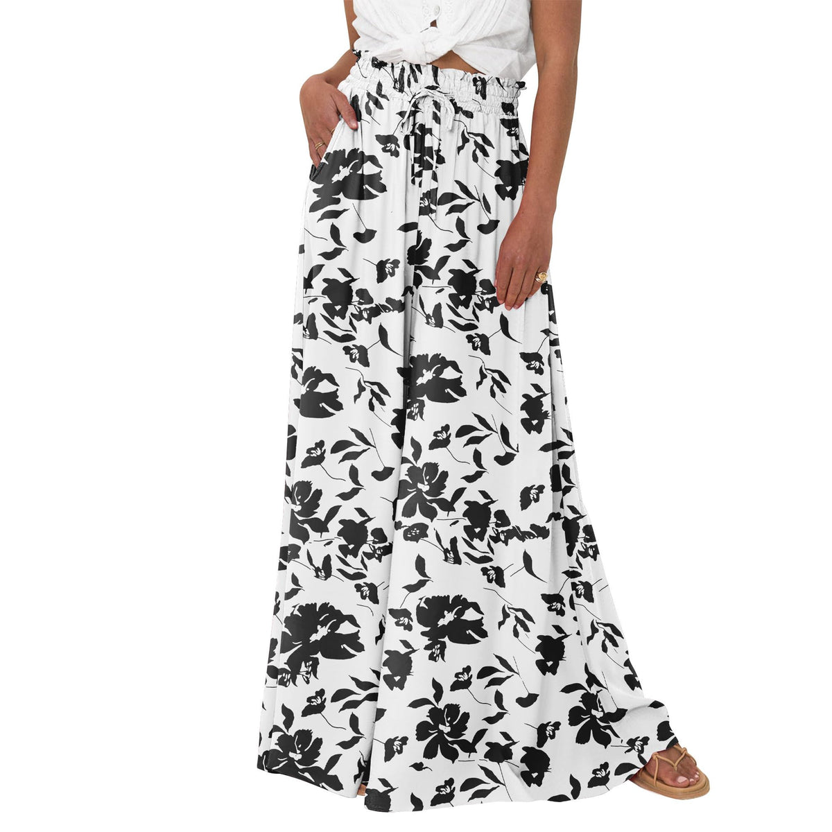 SWQZVT Women Casual High Waist Wide Leg Pants Summer Floral Solid Long Palazzo Pants Lounge Beach Trousers with Pocket