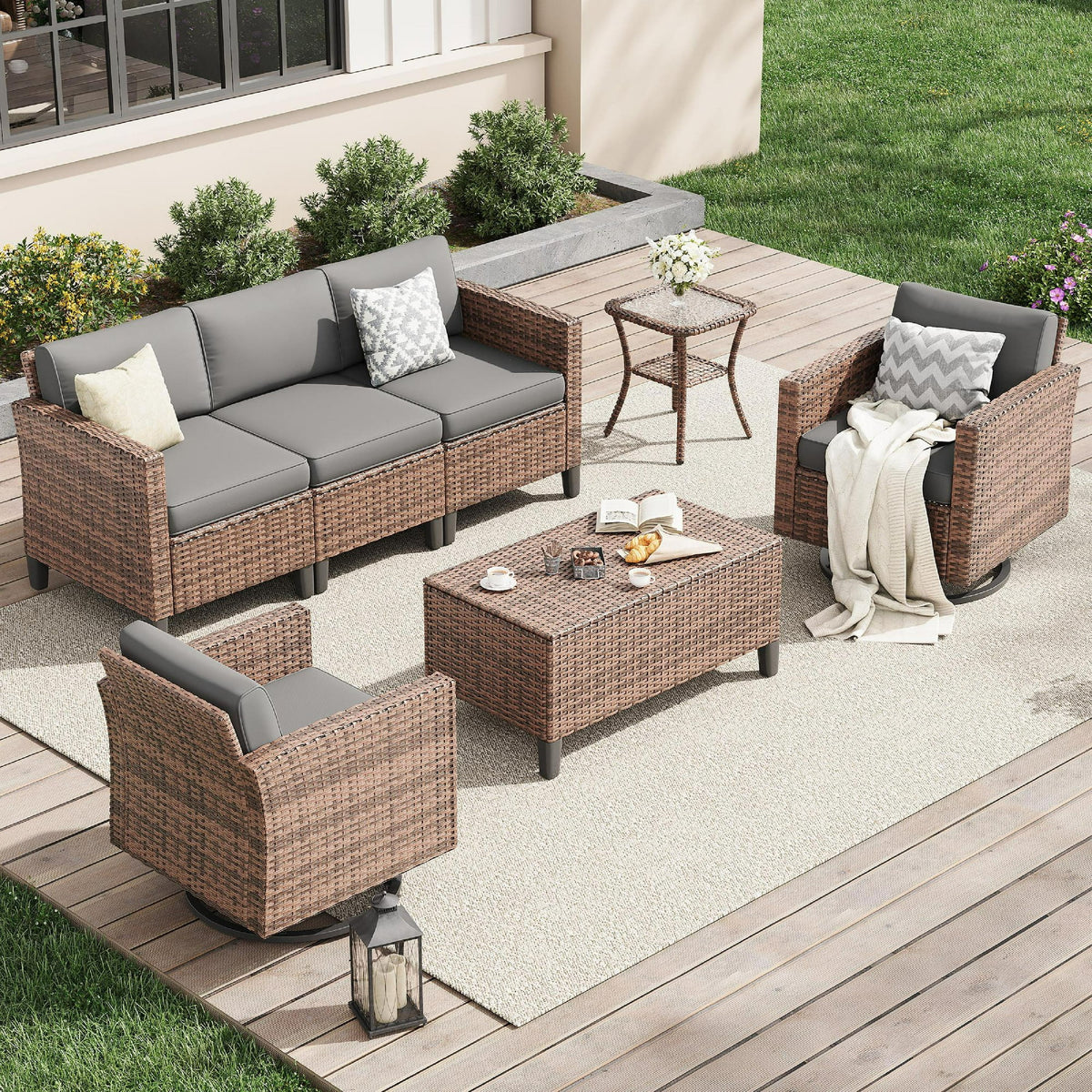 UDPATIO Patio Furniture Set, 7 Pieces Outdoor Furniture Sets with Rocking Swivel Chairs, Wicker Rattan Outdoor Conversation Set with Storage Table and Waterproof Covers for Backyard, Deck, Porch