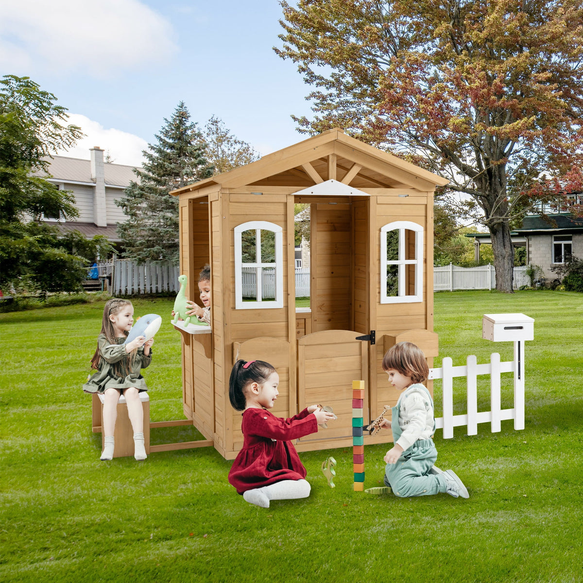 Outdoor Playhouse, Wooden Playhouse for Kids Outdoor with Bench, Windows, Working Door, Mailbox, Flowers Pot Holder, Girls Boys Outdoor Gift for Ages 2+, 80.17" x 38.19" x 55.5"