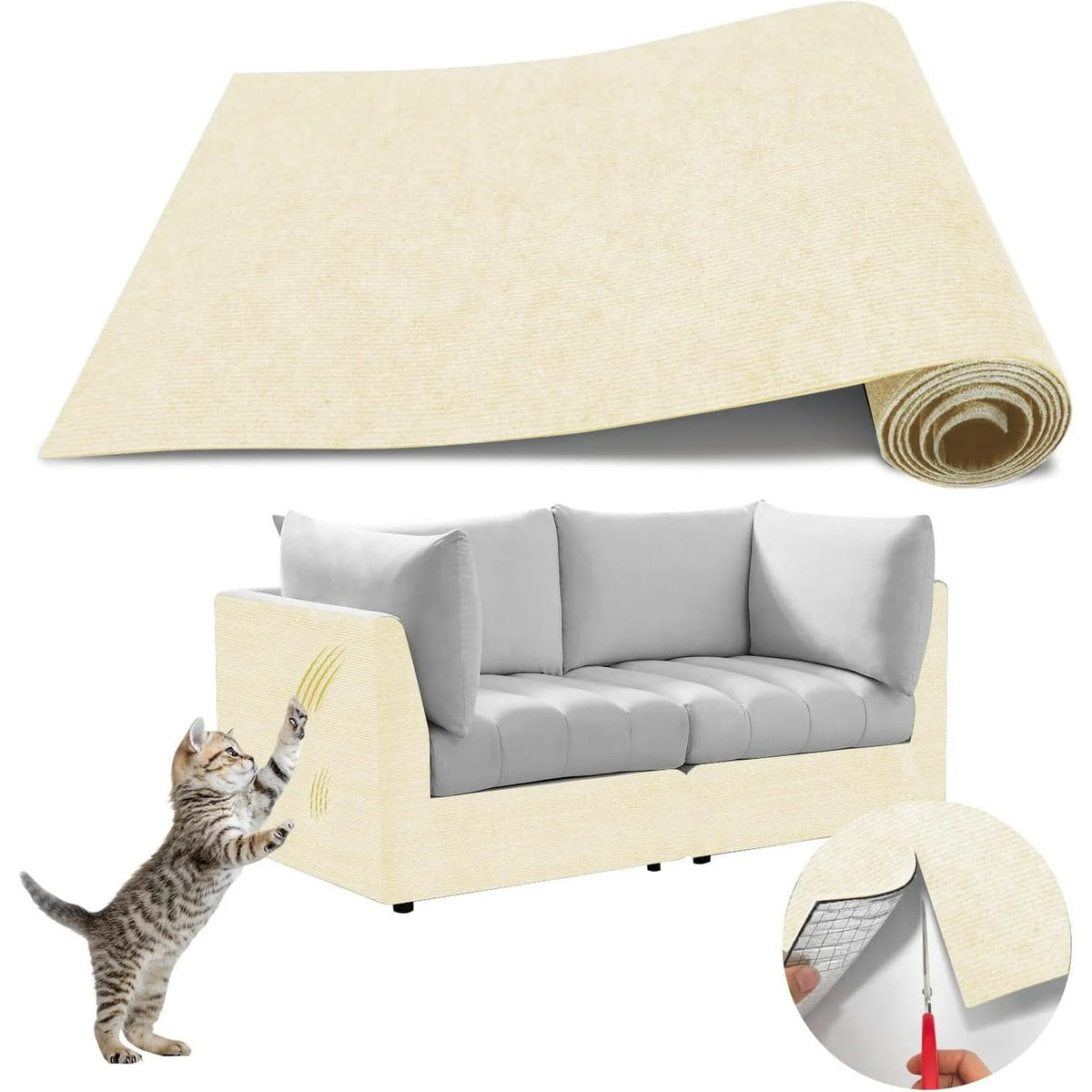 Katieovy Trimmable Cat Scratch Furniture Protector,39.3x15.8In Adhesive Cat Scratch Pad Deterrent for Cat Couch Furniture,Wall Protector,Covering Cat Tower,Off White