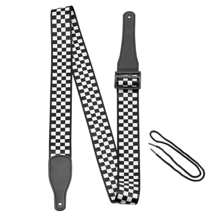 Bass Guitar Strap, Guitar Strap, Electric and Acoustic Guitar Straps - Durable Nylon Checkered Guitar Shoulder Strap with Leather Ends (Black and White Checkered)