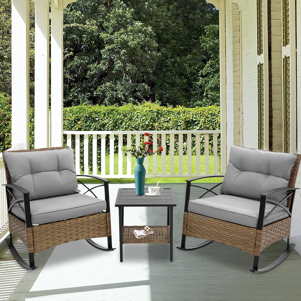 3 PCS Rocking Bistro Set, Outdoor Patio Porch Furniture Sectional Chairs with Tea Table, PE Rattan Patio Furniture Conversation Set for Lawn Pool Courtyard Garden Balcony