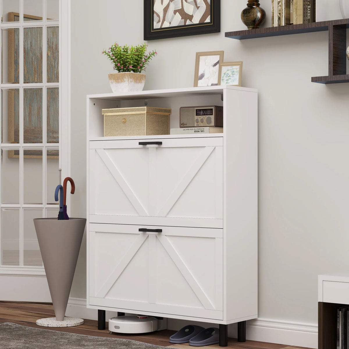 Farmhouse Shoe Cabinet Storage with Barn Door Design, Shoe Organizer with 2 Flip Drawers, Freestanding Narrow Shoe Rack Cabinet with Hooks for Entryway,Foyer,Hallway(Antique White)