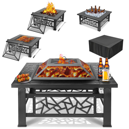 Segmart Fire Pit for Outside, 32" Outdoor Wood Burning Firepit with Fireplace Screen, Patio Fireplace Square Metal Stove for Camping, Outdoor Heating, Bonfire and Picnic, Black