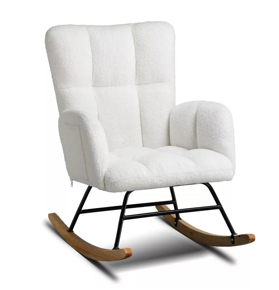 COMHOMA Modern Nursery Rocking Chair, Teddy Upholstered Glider Accent Chair with Side Pockets, High Backrest