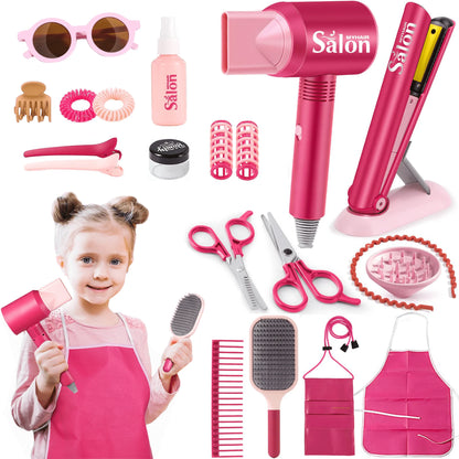 Richgv Girls Toys Hair Salon Playset, 22 Pcs Pretend Play Beauty Salon Hair Stylist Kid Toy with Hairdryer Accessories Makeup Set Christmas Gift for Girls