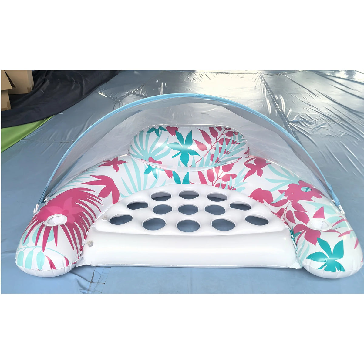 GVDV Pool Floats with Canopy, 47 X 35 Inflatable Tanning Pool Chair Lounger for Adults with Adjustable Sun Shade Cover, Drink Holder, Backrest