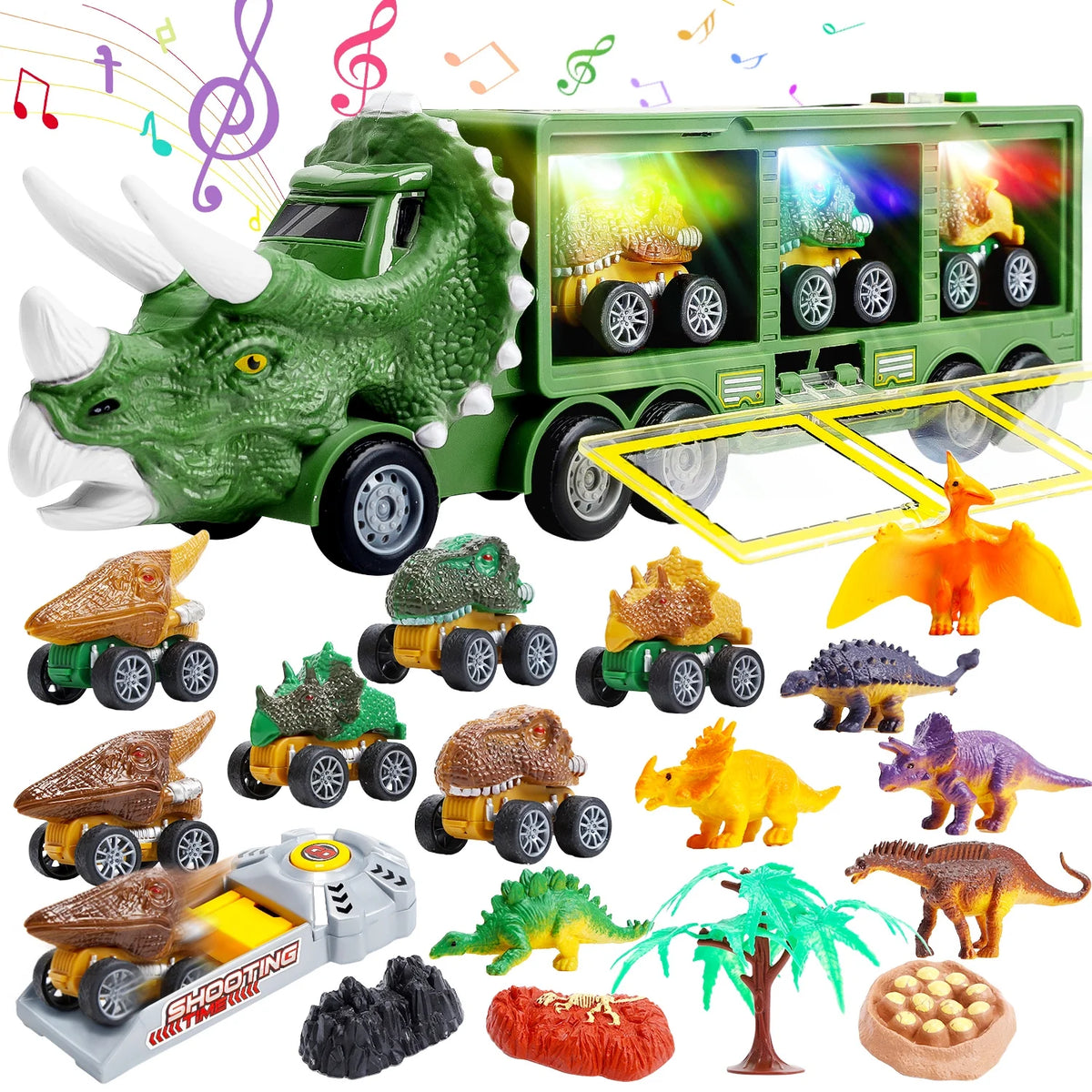 JoyStone 20 in 1 Dinosaur Toys with Light, Music & Roar Sound, Dino Toddler Toys Including Toy Truck, Pull Back Dinosaur Cars, Mini Dinosaur Figures & Slide, Christmas Gift, Green